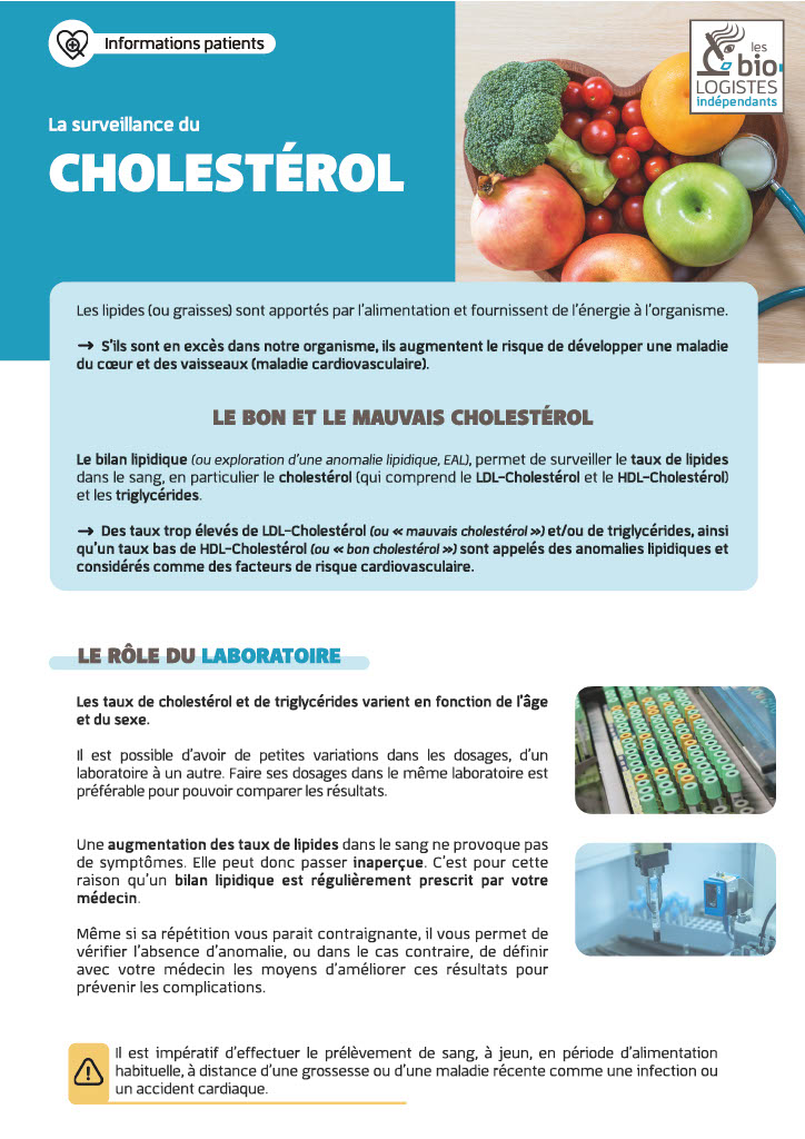 Infographie sur la surveillance du cholestérol, le bilan lipidique et le rôle du laboratoire.