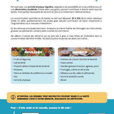 Infographie présentant les conseils à suivre en cas d’anomalie du bilan lipidique et les habitudes alimentaires à privilégier.