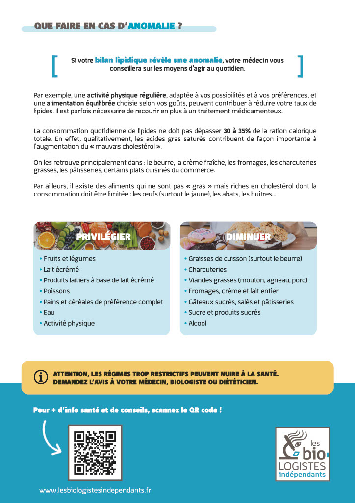 Infographie présentant les conseils à suivre en cas d’anomalie du bilan lipidique et les habitudes alimentaires à privilégier.