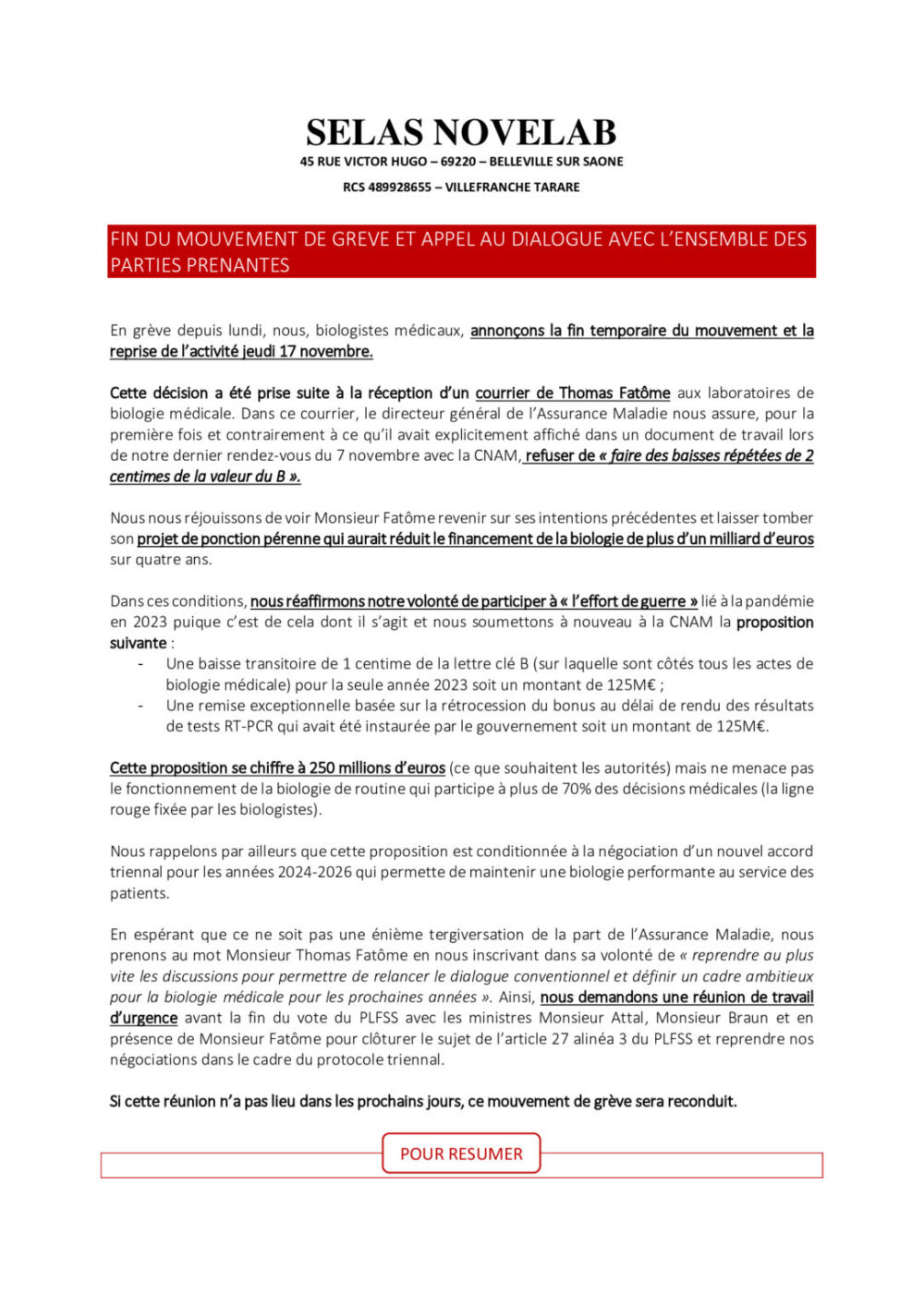 Communiqué NOVELAB annonçant la fin temporaire du mouvement de grève et la reprise de l’activité des laboratoires.