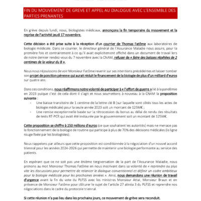 Communiqué NOVELAB annonçant la fin temporaire du mouvement de grève et la reprise de l’activité des laboratoires.