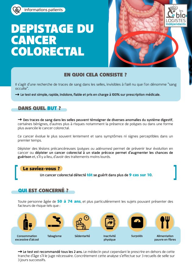 Infographie sur le dépistage du cancer colorectal, son principe, les personnes concernées et les facteurs de risque.