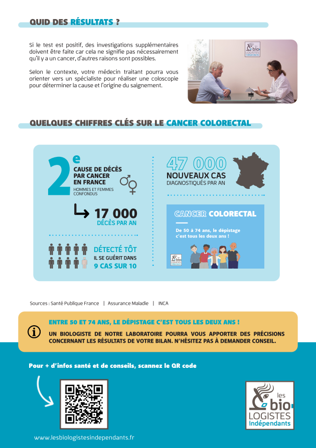 Infographie sur les résultats du dépistage et les chiffres clés du cancer colorectal en France.
